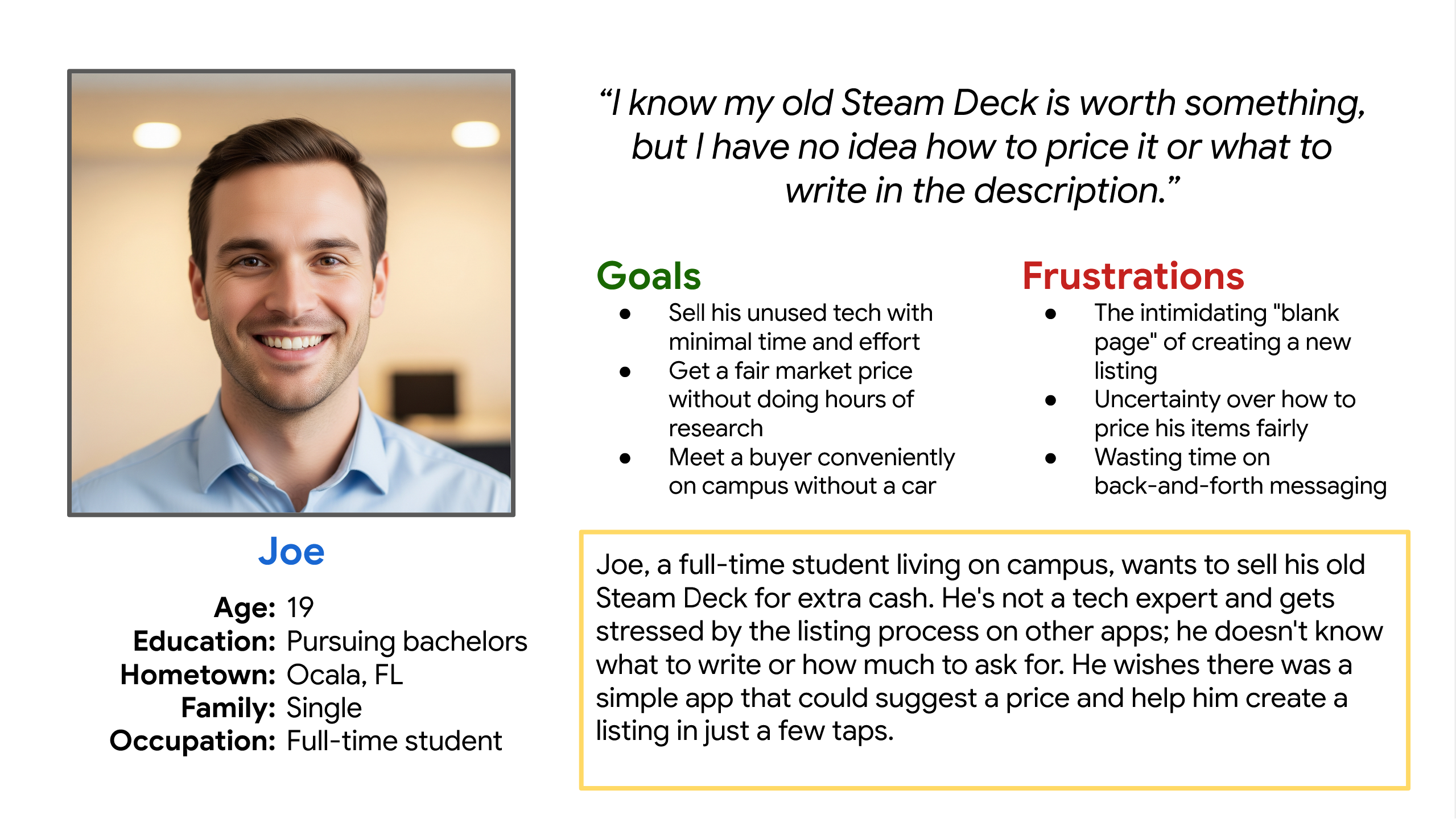 Primary Persona: Joe, The Non-Expert Seller